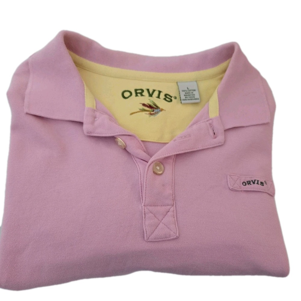 Orvis Men's L Polo Pink Pique Cotton Shirt Short Sleeve Fly Fishing Logo